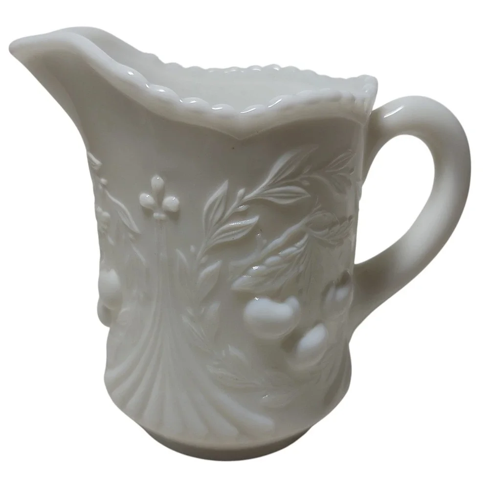 Vintage LG Wright Creamer White Milk Glass Cherries Pattern Glass Pitcher Vase